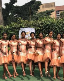 African Mermaid Short Coral Bridesmaid Dresses Off Shoulder Black Girls Party Prom Gowns vestidos de dama de honor Cocktail Dress