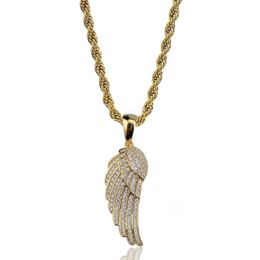 Men's Angel Wing Feather Pendant & Necklace Hip Hop Jewellery Women Gold Colour Cubic zircon With Rope Chain For Fashion