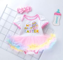 Happy Easter Day Baby Girl Clothes Lace Romper Dress Headband Newborn Tutu Sets Infant Clothing Roupa Bebe Erkek Bebek Giyim 4Colors