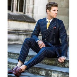 Popular Blue Strips Groom Tuxedos Double-Breasted Groomsmen Wedding Tuxedos Men Formal Dinner Party Prom Blazer Suit(Jacket+Pants+Tie) 1123