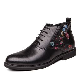 Vintage Men Boots Lace-Up New Arrival Flowers Leather Ankle Boots Wedding Office Leisure Shoes Combination Boots