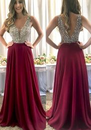 Plunging V Backless Evening Prom Dresses Bling Beaded Crystal Sequin Chiffon Long Dresses Evening Wear robes de soiree robes de cocktail