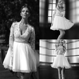 Country Knee Length Short Wedding Dresses Crystal Lace Appliques Wedding Gowns Long Sleeves Deep V Neckline Zipper Back Bridal Dresses