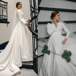 Elegant Satin Long Sleeve Wedding Dresses Sweep Train Vintage Bridal Gowns 2020 Custom Made Robes De Mariée