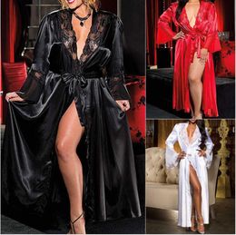 Top quality Silk Robes For Women Sexy Lace Satin Long Dressing Night Robes Sleepwear Lingerie Female Kimono Belt Night Dress Nightgown