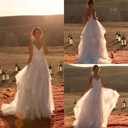 Vintage A Line Wedding Dresses V-neck Sleeveless Appliqued Lace Tiered Tulle Wedding Gown Custom Made Backless Sweep Train Vestidos De Novia