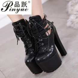 New Arrival 16CM High heel Women Ankle Boots Platform Winter Shoes Thick Heels Black buckle Casual Shoes Plus Size 34-40