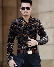 Camisa de terciopelo de la seda otoño de invierno de los hombres de la moda de la floral de la moda de la impresión de las tops de terciopelo casual