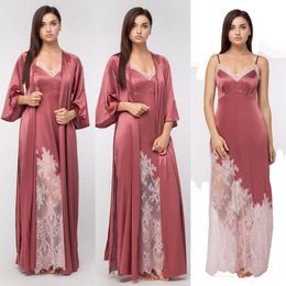 two piece wedding robes spaghetti strap sleeveless satin silk ruched bridesmaid robe appliqued lace see through night gown for women