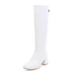 new arrival long boots white black square toe pu leather boots solid zip square heels knee high boots womens