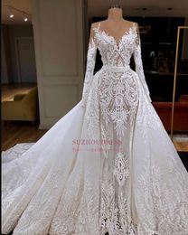 2019 Unique Long Sleeve Mermaid Wedding Dress With Detachable Train Luxury Dubai Arab Sheath Lace Appliqued Bridal Gown Custom Made