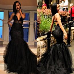 African Black Mermaid Evening Dresses Sexy Lace Applique Ruffles Tulle Prom Gown Party Dress Custom Made Plus Size Formal Gowns