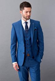 Latest Design Two Buttons Blue Wedding Men Suits Notch Lapel Three Pieces Business Groom Tuxedos (Jacket+Pants+Vest+Tie) W1129
