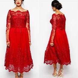 Red Full Lace Plus Size Formal Dresses Sheer Bateau Long Sleeve Evening Gowns Tea Length A-Line Mother Of The Bride SD3382