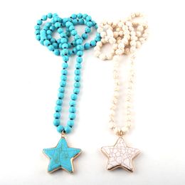 Fashion Bohemian Tribal Jewellery Turq/White Stone Long Knotted Pentagram Pendant Necklaces