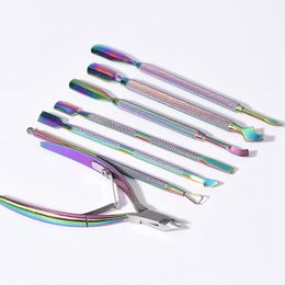 Rainbow Nail Manicure Tools Stainless Steel Dead Skin Remover Nail File Manicure Cutter Spoon Cuticle Pusher Clipper Nail Art Tool HHA-376