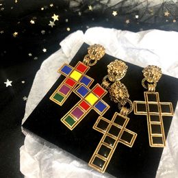 Vintage Lion Head Cross Stud Earring Women Enamel Cross Earring for Gift Party Fashion Jewellery Accessories