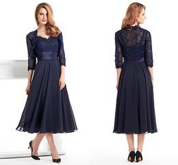 Tea Length Navy Mother of the Bride/Groom Dress with Lace Jacket Women's Formal Occasion Evening Gown Plus Size Wedding Party Dress