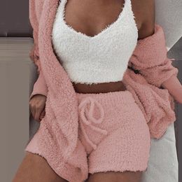 Sfit Soft Long Plush Set Long Sleeve Jacket Women Sexy Crop Top Shorts Suit 2019 New Lady Leisure Sports Sets