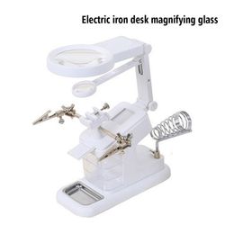 Freeshipping LED Electric Magnifier Multi Function Machine Soldering Iron Holder Table Magnifying Glass Electric Iron Welding Tool Set