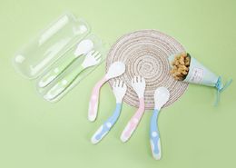 Baby Utensils Spoons Forks , Cute Stone Toddlers Feeding Training Spoon and Fork Tableware Set Easy Grip Heat-Resistant Bendable BPA Free