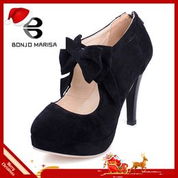 BONJOMARISA Sexy Spring Autumn High Heels Sweet Bowtie Platform Women Pumps Plus Size 30-48 Elegant Party Wedding Shoes Woman
