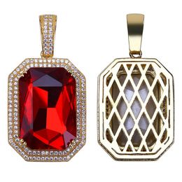 Hip Hop Iced Out Ruby Necklace Pendant Full Zircon Mens Bling Jewelry Gift with Rope Chain