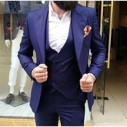 High Quality Blue Wedding Groom Tuxedos Peak Lapel Groomsmen Men Formal Prom Suits Bridegroom (Jacket+Pants+Vest+Tie) W131