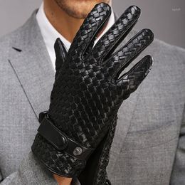 Fashion Gloves for Men New Highend Weave Genuine LeatherSolid Wrist Sheepskin Glove Man Winter Warmth Driving15932205