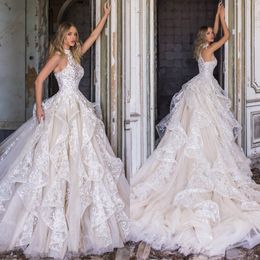 Vintage Wedding Dresses High Neck Lace Appliques Tiered Country Bridal Gowns A Line Sweep Train Ruffles Wedding Dress Plus Size3106