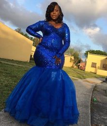 Royal Blue Plus Size Prom Evening Dress Long Sleeves Shinny Sequins Mermaid Formal Dress V Neck For Black Girls