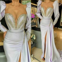 Glitter Mermaid Evening Dresses Sexy Sweetheart Long Sleeve High-split Sequins Crystal Prom Dress Sweep Train Formal Party Gowns Hot Sell