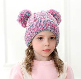Cartoon Cute crochet winter cat ear hat skull cap warm children winter cat ear knitted beanies with two ball top 12 colors