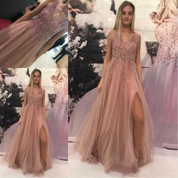 Modest V-Neck Arabic Evening Dresses Pageant With Beads Sequins High Split Tulle Formal Prom Occasion Gowns Vestido de noche Party Wear