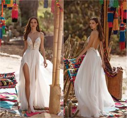 2020 Asaf Dadush Wedding Dresses High Split Lace Applique Beads A Line Bohemian Wedding Dress Floor Length Sexy Backless Robes De Mariée