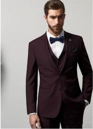 Burgundy Groom Tuxedos Notch Lapel Groomsmen Mens Wedding Dress Man Jacket Blazer Prom Dinner 3 Piece Suit(Jacket+Pants+Vest+Tie) 1275