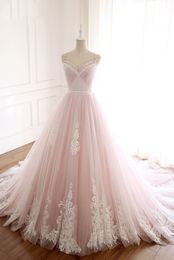 Romantic Pink Wedding Dress 2020 V Neck Beaded Ruched Tulle Lace Corset Back Bridal Gowns Coloured Now White Bridal Gowns High Quality