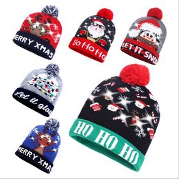 LED Santa Hats Christmas Light Pom Pom Skull Caps Snowflake Knitted Beanie Adult Xmas Crochet Hats Lights Knitted Ball Cap Headgear B6881