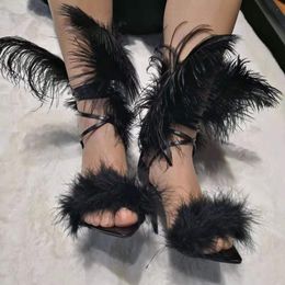 Kolnoo 2019 New Ladies Handmade High Heel Sandals Manmade Black-Feathers Summer Shoes Sexy Party Prom Fashion Dressing Shoes D181