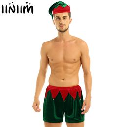 Christmas Sexy Lingerie Set Mens Hot Boxer Shorts with Bells Hat Christmas Green Elf Cosplay Outfit Homme Club Wear Fancy Dress LY191222