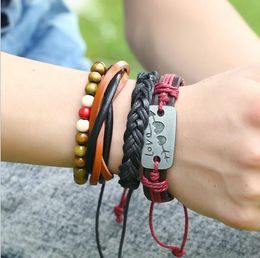 New Design 4 Pieces/set Wood Beads I Love Jesus Vintage Handmade Leather Chain Weave Women Men's Bracelets Set Hot Jewellery