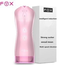 Fox Male Automatic Masturbator Hands Free Sexual Moans Masturbator Cup Realistic Vagina Strong Vibration Vagina Artificial Y190124