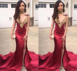 African Hot Selling Dark Red Mermaid Prom Dresses 2019 Gold Appliques Sweetheart Split Party Evening Gowns Elegant Evening Formal Dress