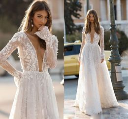 Simple A Line Wedding Dress V Neck Long Sleeve Tulle Lace Applique Wedding Gowns Floor Length robe de mariée