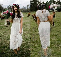 Romantic Two Piece Wedding Dress With Sleeves Lace Boho Round Neck Ankle Length Bohemian Hippie Short Bride Dress For Women 2023