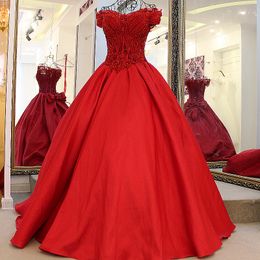 2020 New Red Vintage Puffy Ball Gowns V-neck Beaded Bow Saudi Arabic Prom Dresses Appliques Lace Up Formal Party Dress Robe De Soiree