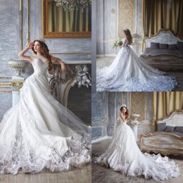 Lace Ball Gown Wedding Dresses Beaded Art Neck Monique Lhuillier Appliqued Bridal Gowns Sweep Train Long Dress For Bride