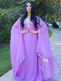 2020 Dubai Lilac Chiffon with Beading Evening Dresses ruched crew Long Sleeves Formal Gowns Kaftan Muslim Party Prom Gown Plus Size