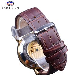 Forsining 2018 Royal Golden Skeleton Display Blue Hands Brown Genuine Leather Belt Mens Mechanical Wristwatches Clock Male198Y