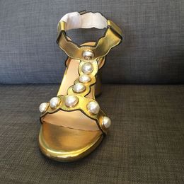Hot Sale-shoes! u593 34 gold genuine leather pearl t strap heels sandals luxury fashion must have elle catwalk